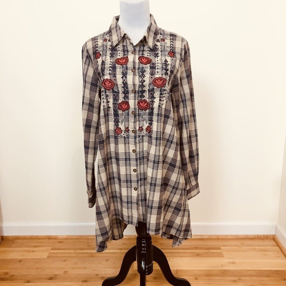 Tunic Mini Dress Embroidered Flower Blue Plaid Shirt M Cottage Boho Prairie Art
